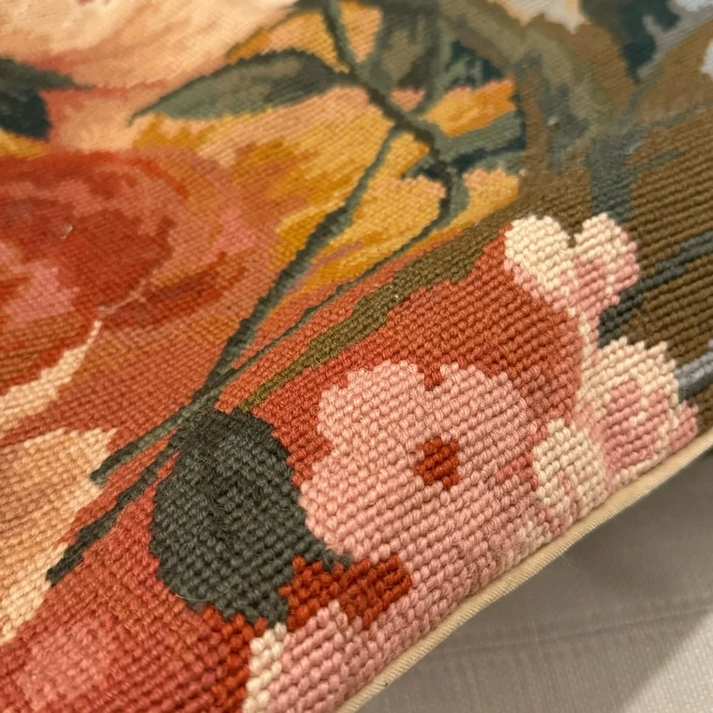 Hand Crafted Vintage Floral In Scroll Needlepoint Pillow Cover 18” x16”